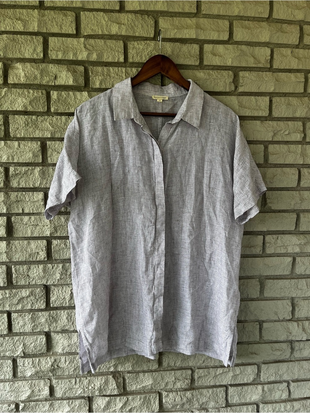 Eileen Fisher White Brown Grid Plaid Organic Linen Boxy Button Blouse 
Medium